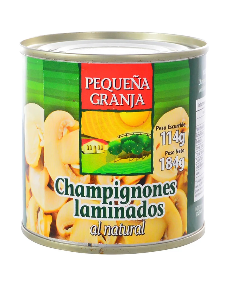Champigñones Laminados Pequeña Granja — Champigñones Laminados 184 G Pequeña Granja, Envase de 184 g Champigñones Laminados Pequeña Granja — Champigñones Laminados 184 G Pequeña Granja, Envase de 184 g