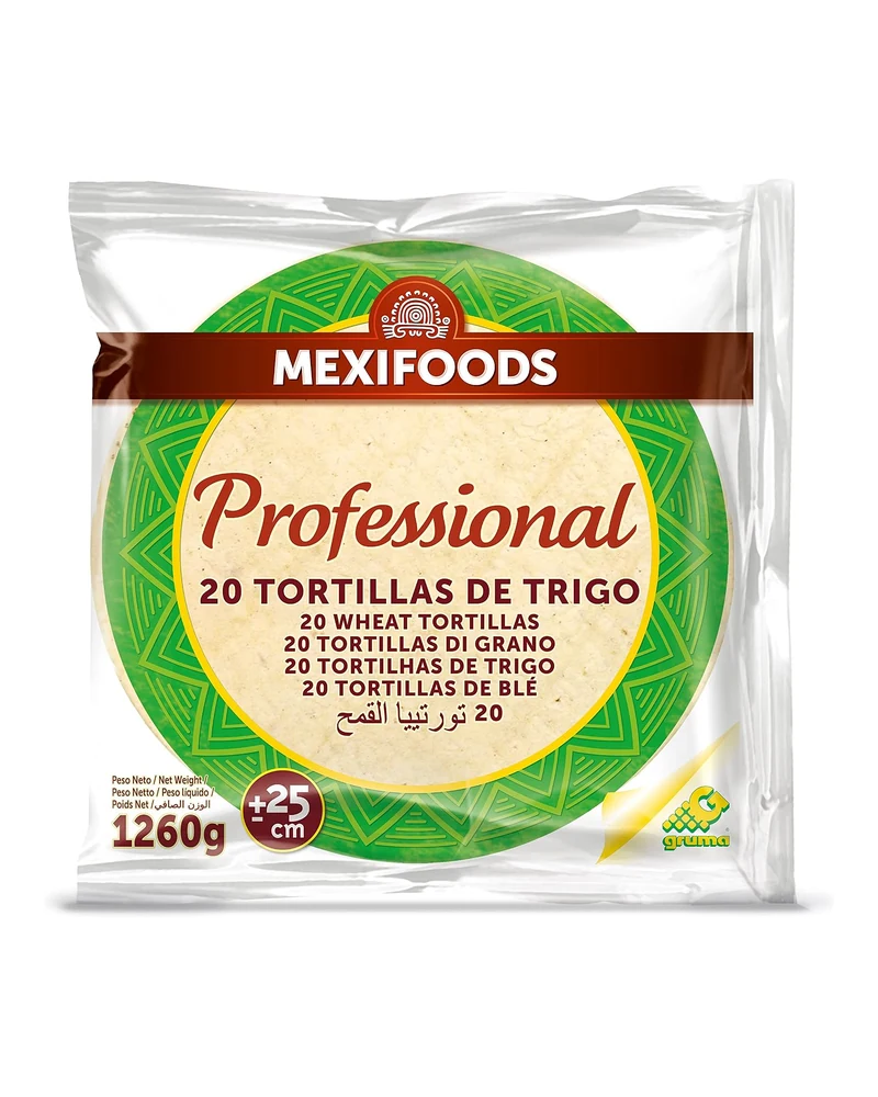 Tortilla de trigo — Tortilla Trigo 20 Cm X 8 (caja X14), Caja x 14 paquetes de 8 tortillas de 20 cm — marca Mexifoods Tortilla de trigo — Tortilla Trigo 20 Cm X 8 (caja X14), Caja x 14 paquetes de 8 tortillas de 20 cm — marca Mexifoods